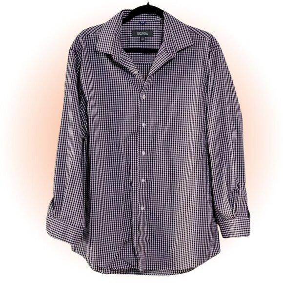 KENNETH COLE PURPLE WHITE GINGHAM COTTON SHIRT EUC 16 1/2 32-33 - Picture 1 of 6